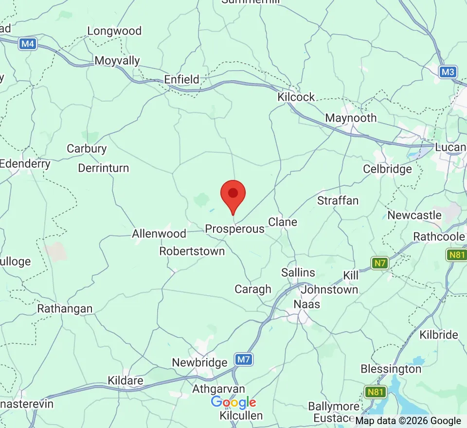 Map showing the Prosperous, Co. Kildare area between Maynooth, Rathcoole, Newbridge and Blessington